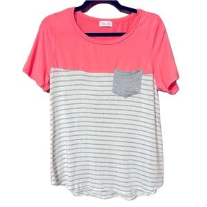 Pink Lily Tee, bright pink & gray and white striped, Large